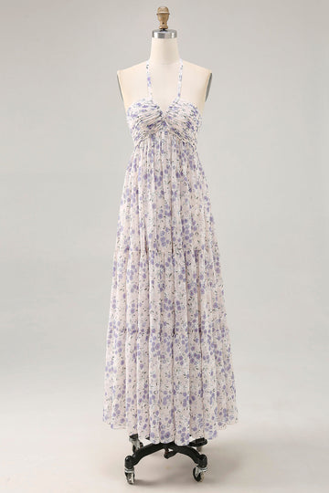 Blue Flower A-Line Halter Chiffon Midi Dress with Lace Up Back